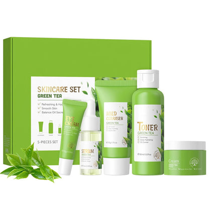 Green Tea Skincare Routine Set, Soothe Skin Care Gift, Deep Cleaning, Oil Control, Moisturize & Improve Skin, Facial Care with Cleanser, Toner, Serum, Eye Cream and Face Cream