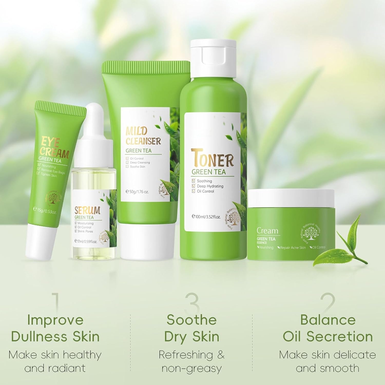 Green Tea Skincare Routine Set, Soothe Skin Care Gift, Deep Cleaning, Oil Control, Moisturize & Improve Skin, Facial Care with Cleanser, Toner, Serum, Eye Cream and Face Cream