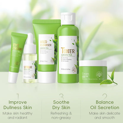 Green Tea Skincare Routine Set, Soothe Skin Care Gift, Deep Cleaning, Oil Control, Moisturize & Improve Skin, Facial Care with Cleanser, Toner, Serum, Eye Cream and Face Cream