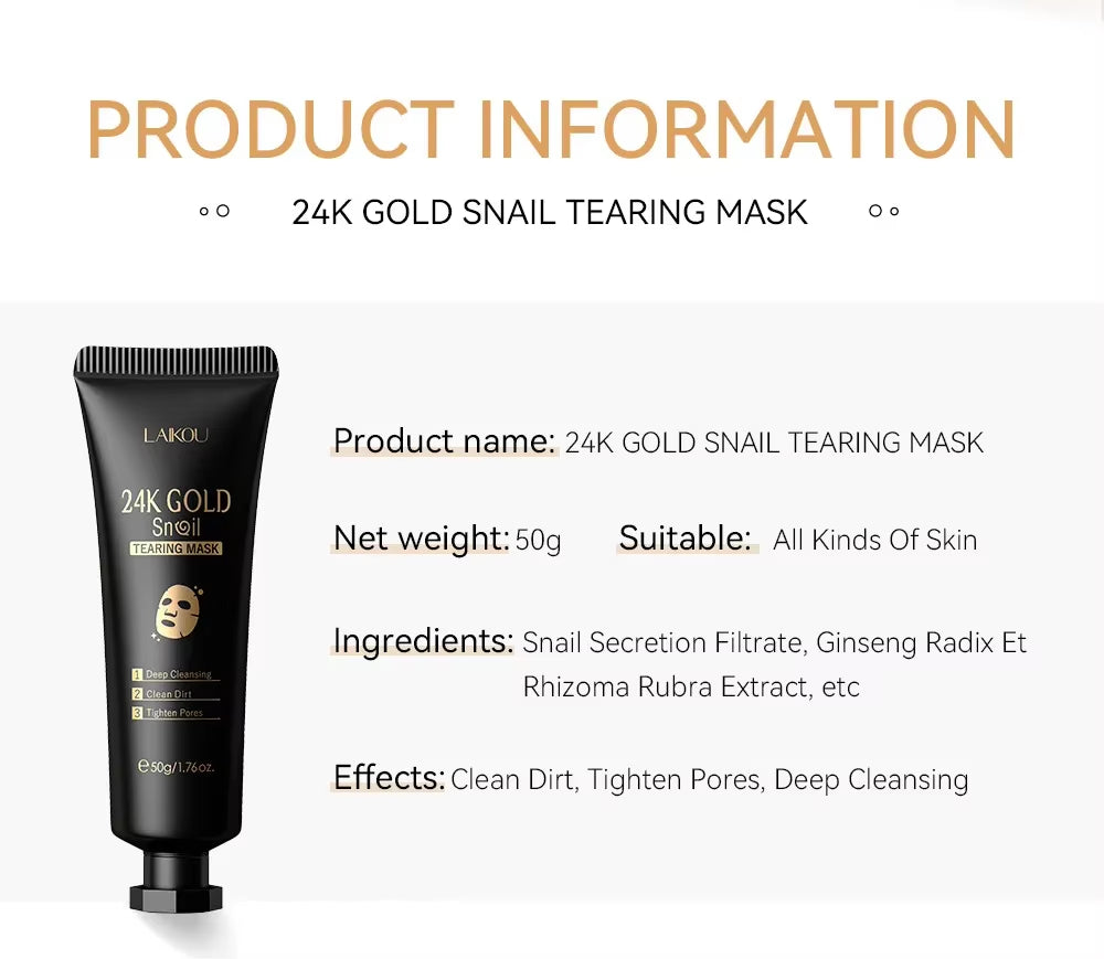 24K Gold Snail Collagen Peel off Tearing Face Mask Deep Cleansing Remove Blackhead Face Care 50G