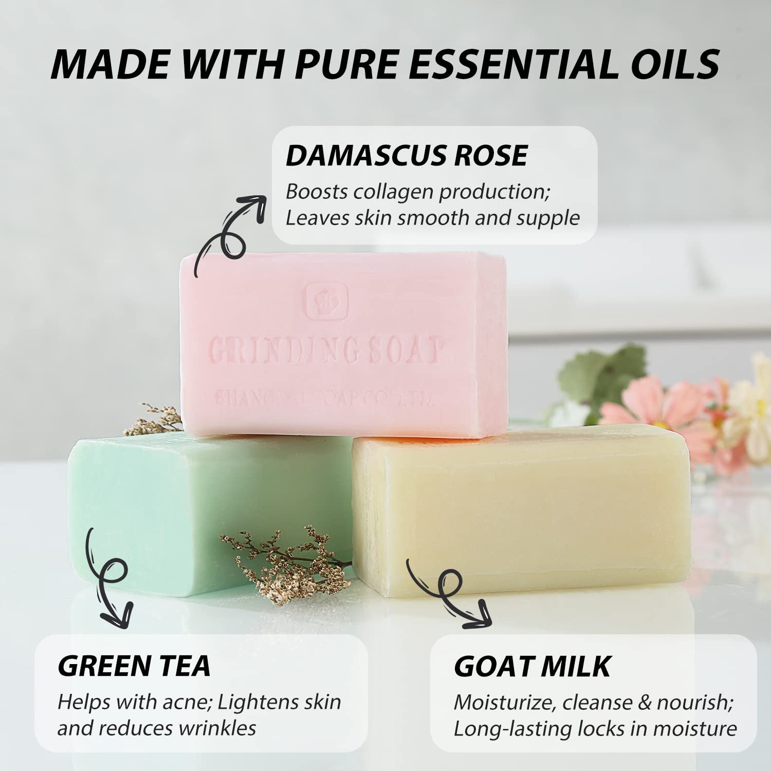 Natural Bar Soap Moisturizing Handmade Soap Bar with Organic Essential Oils Green Tea Scented Soap Bar, French -Milled Soap Bars for Hands and Body, 7Oz